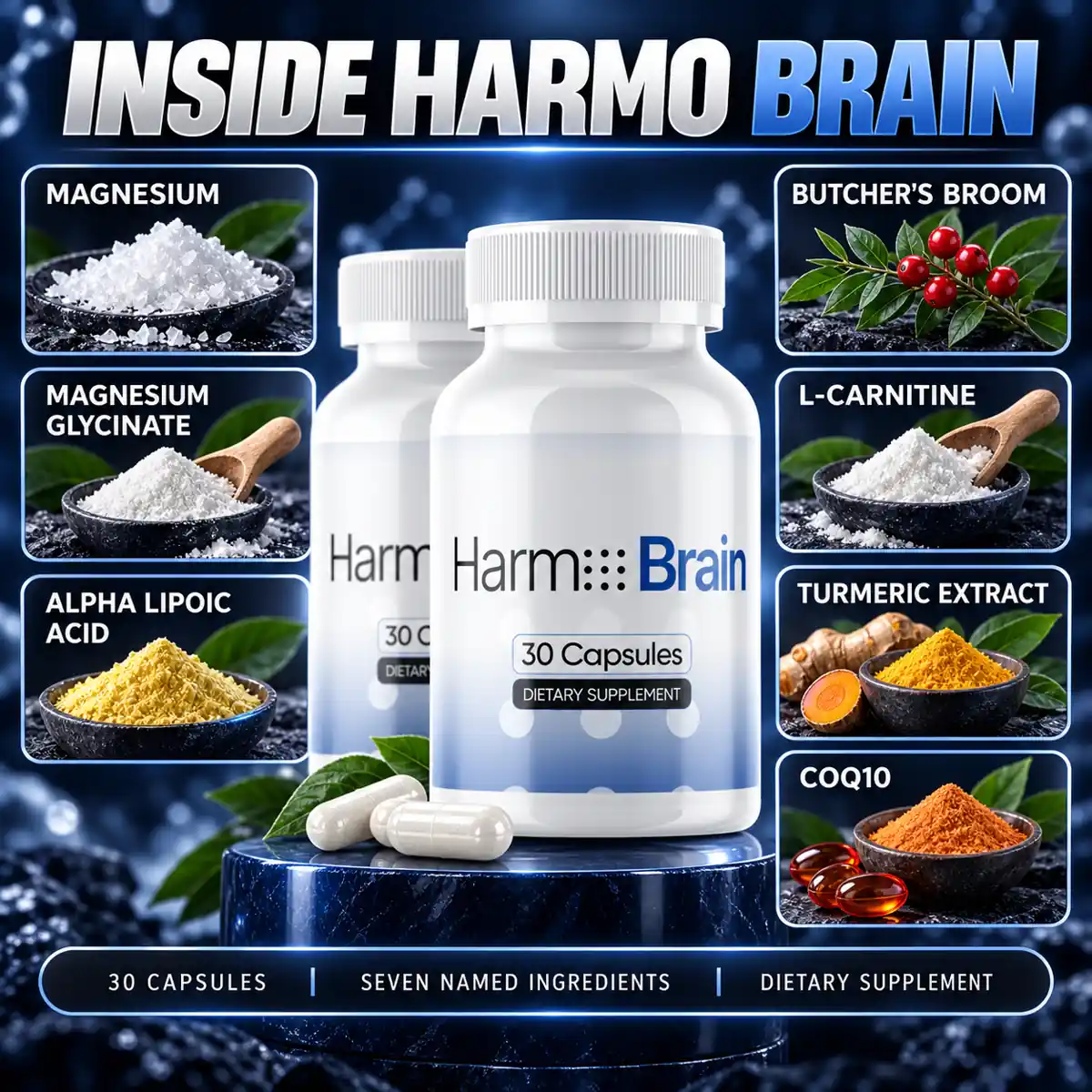 Harmo Brain listing artwork headed Inside Harmo Brain: two bottles on a dark plinth framed by seven ingredient panels, magnesium, magnesium glycinate, alpha lipoic acid, butcher&rsquo;s broom, L-carnitine, turmeric extract and CoQ10
