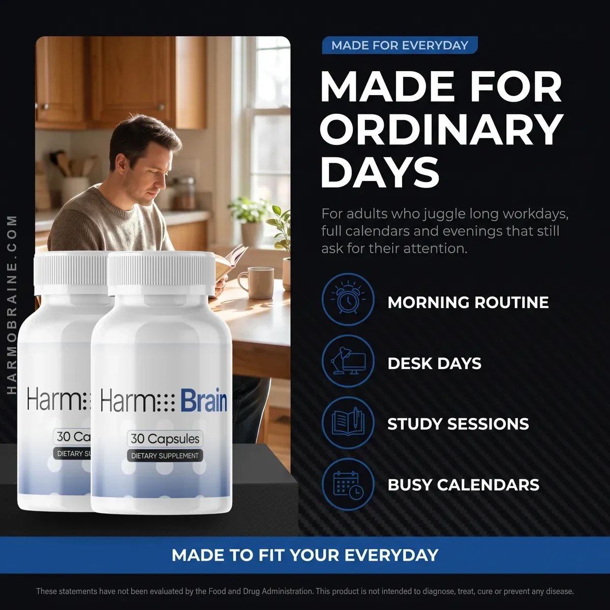 Harmo Brain listing artwork headed Made for ordinary days: a man reading at a kitchen table with two Harmo Brain bottles in front of him, beside four moments, morning routine, desk days, study sessions and busy calendars