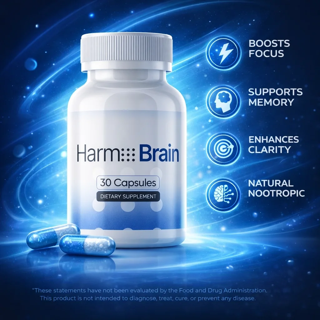 Harmo Brain key visual: one bottle and two blue capsules on a blue light field, beside four lines reading Boosts Focus, Supports Memory, Enhances Clarity and Natural Nootropic