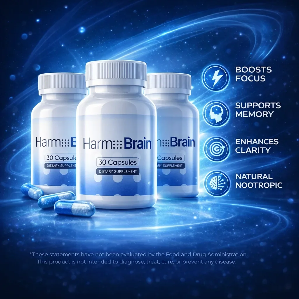 Harmo Brain key visual: three bottles and blue capsules on a blue light field, with the lines Boosts Focus, Supports Memory, Enhances Clarity and Natural Nootropic