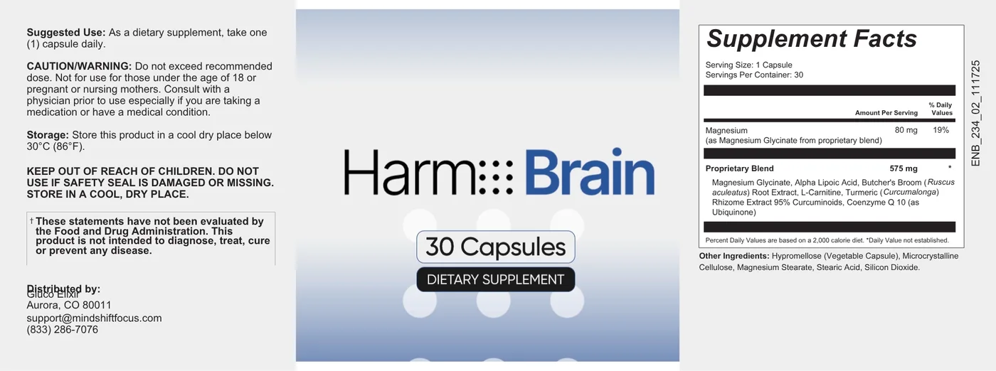The complete Harmo Brain label flat: directions and warnings, front panel, and the Supplement Facts panel with the 575 mg proprietary blend