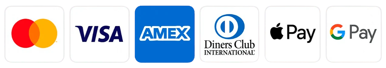 Mastercard, Visa, American Express, Diners Club, Apple Pay and Google Pay accepted at checkout